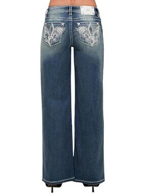Mid-Rise Wide Leg Jeans with Embellished Pockets & Winged Design for Women